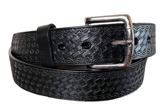 Black textured belt with silver buckle on a white background