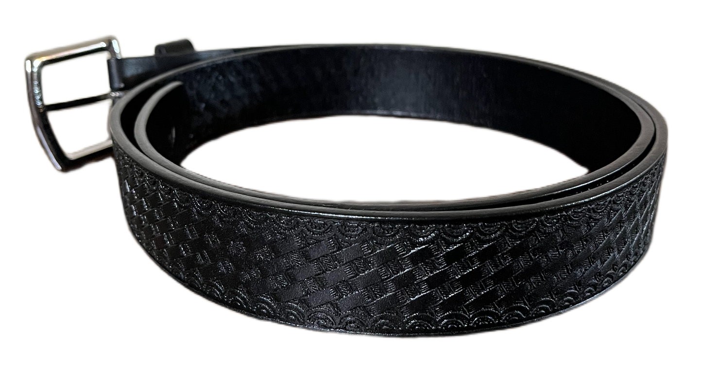 Black leather belt with a silver buckle on a white background