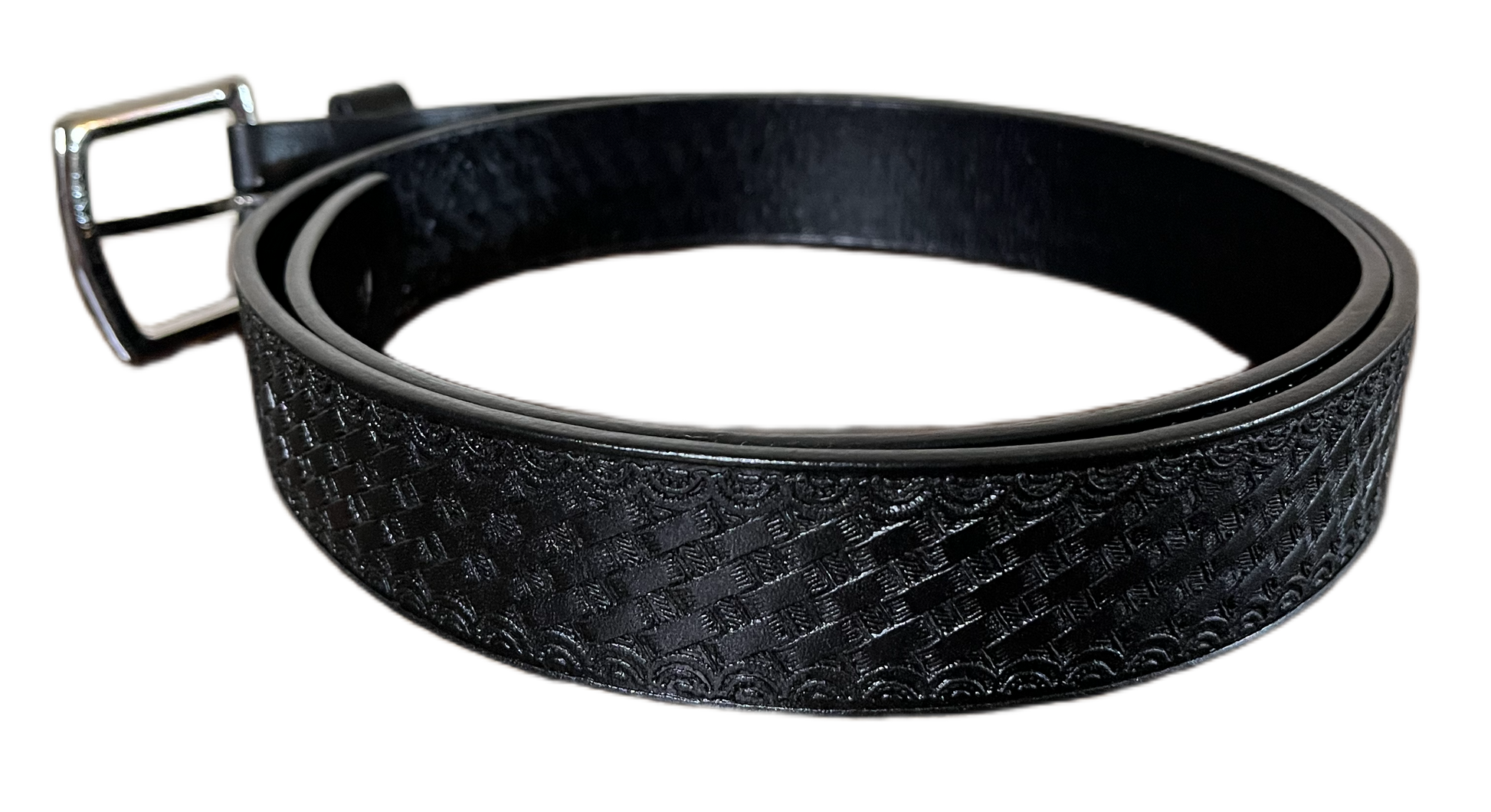 Black leather belt with a silver buckle on a white background