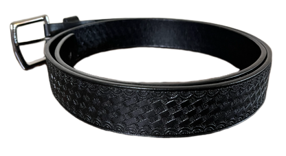 Black leather belt with a silver buckle on a white background