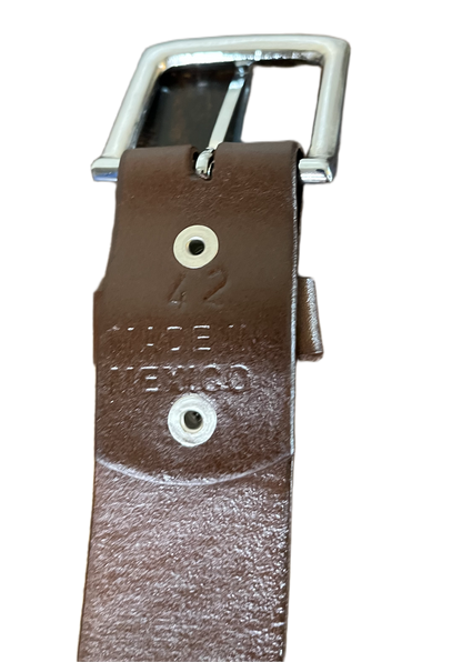 Brown leather belt with silver buckle on a white background