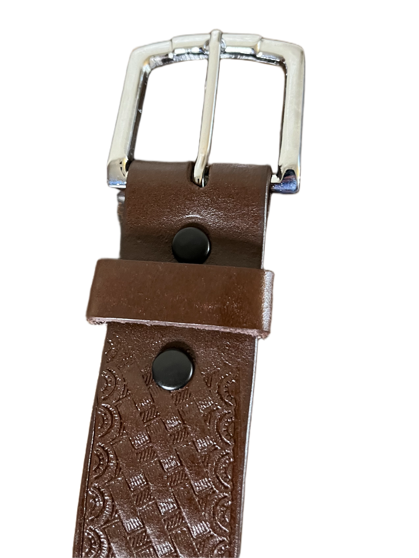 Brown leather belt with silver buckle on a white background