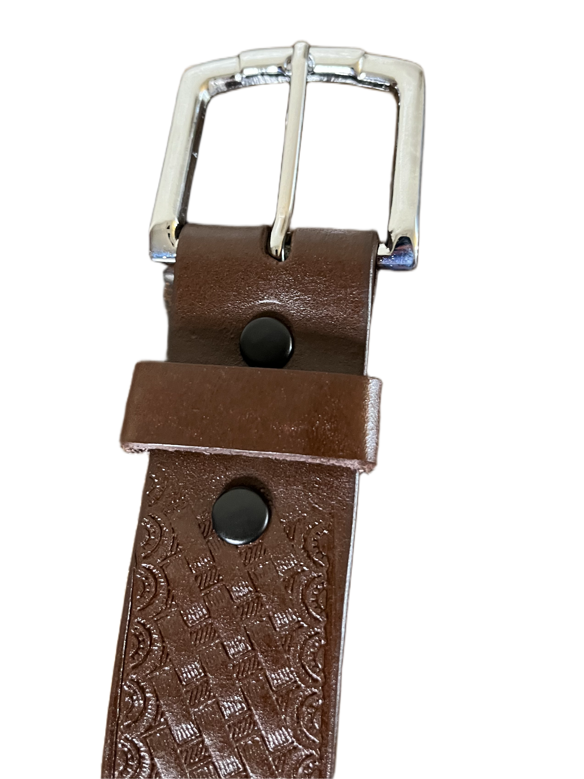 Brown leather belt with silver buckle on a white background