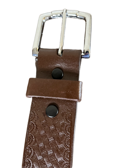 Brown leather belt with silver buckle on a white background
