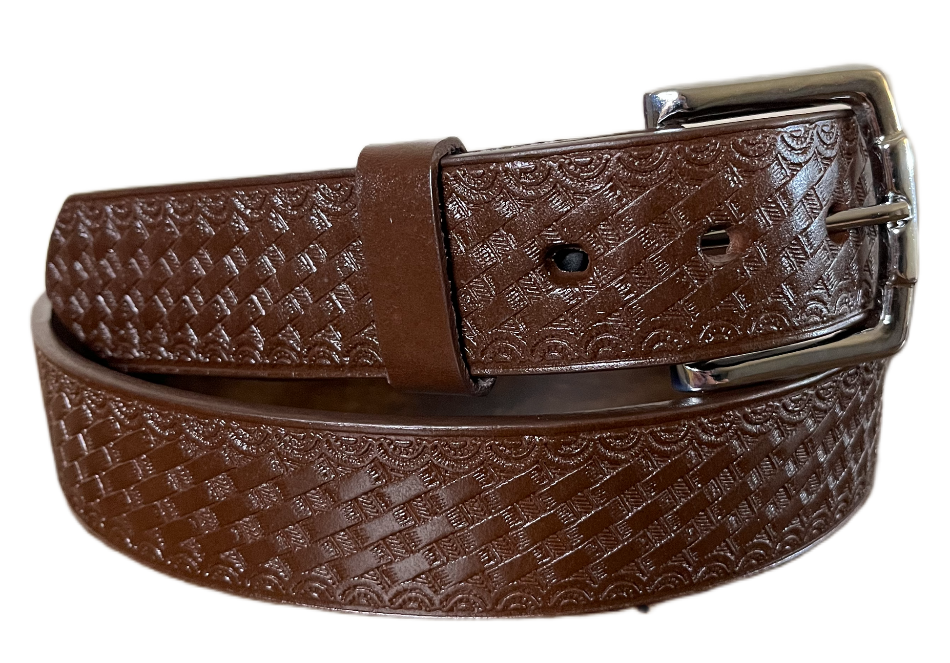 Brown leather belt with embossed pattern on a white background