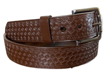 Brown leather belt with embossed pattern on a white background