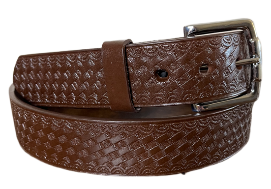 Brown leather belt with embossed pattern on a white background