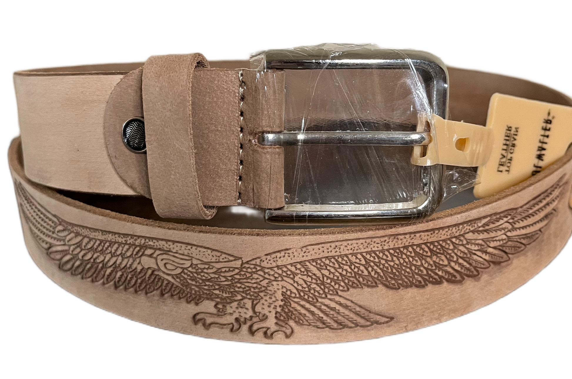 Brown leather belt with intricate design on a white background