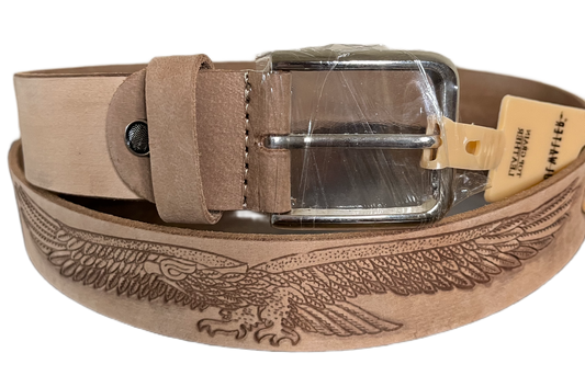 Brown leather belt with intricate design on a white background