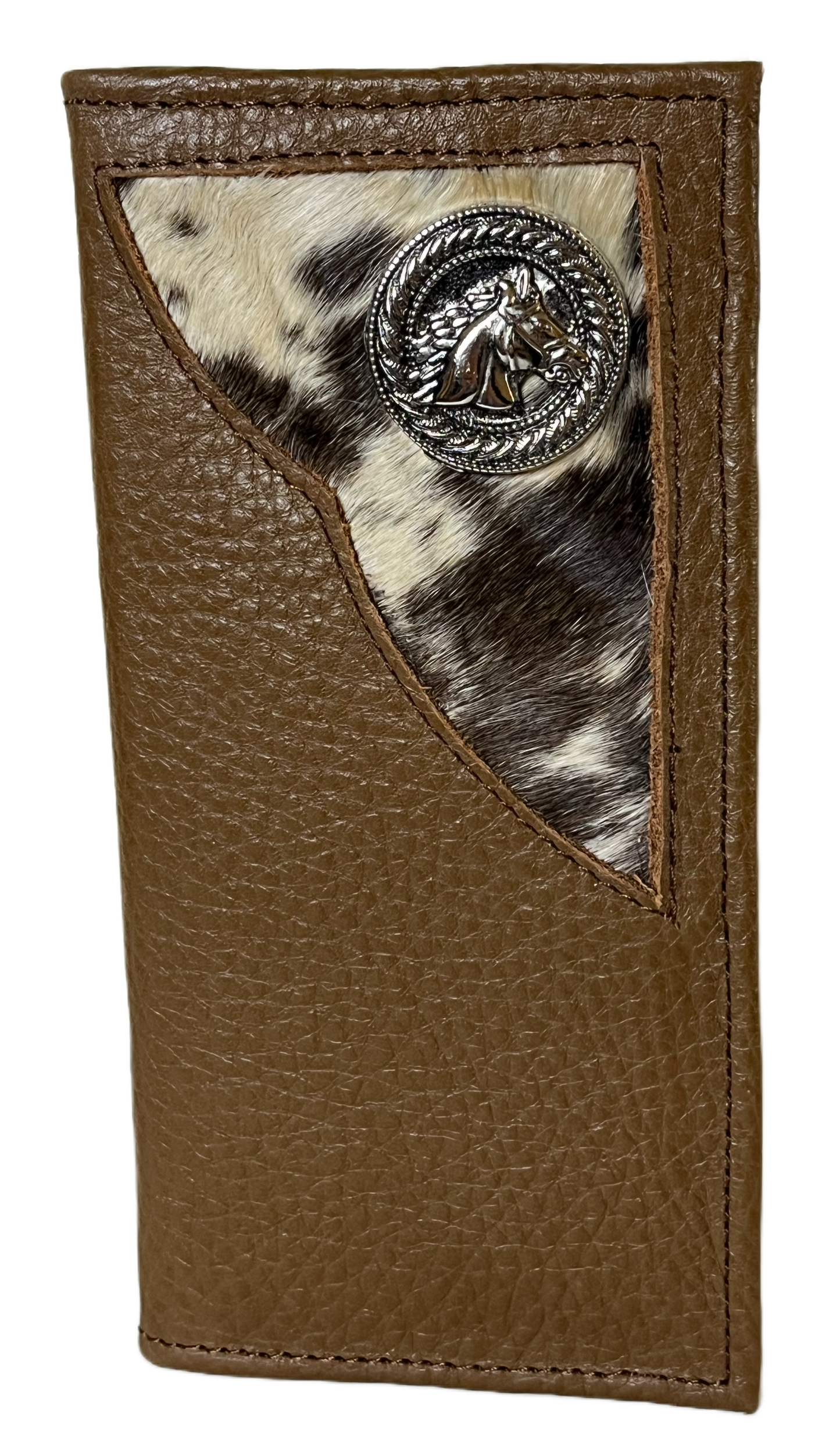 Brown leather wallet with cowhide patch and metallic button on a white background