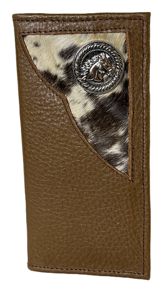 Brown leather wallet with cowhide patch and metallic button on a white background