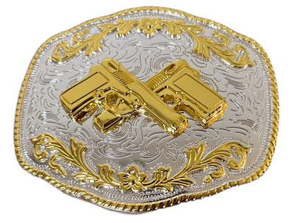 Gold and silver belt buckle with intricate designs on a white background