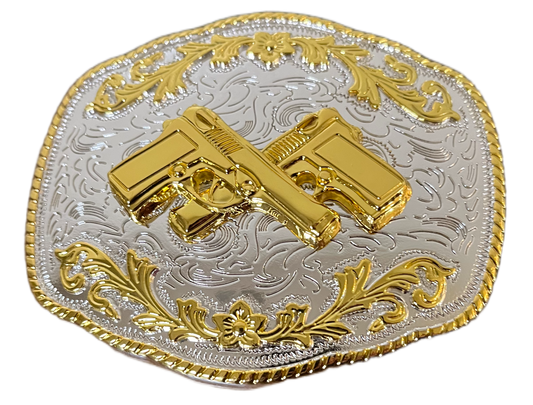 Gold and silver belt buckle with intricate designs on a white background